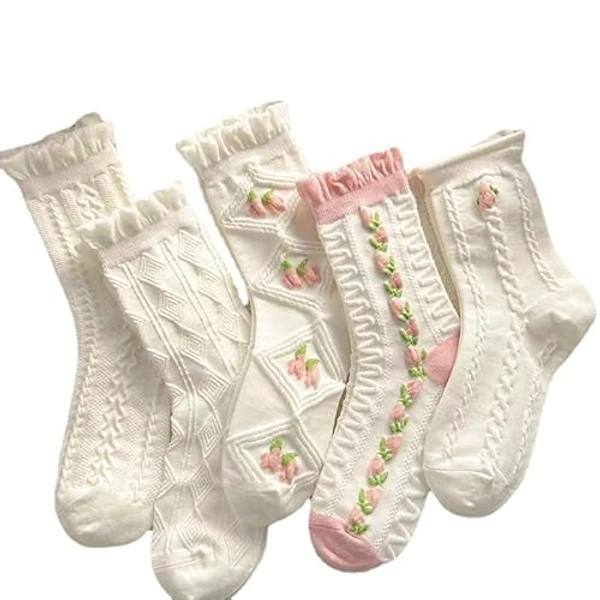 5 Pairs White Cute Socks, Women's Lace Ruffles Ankle Casual Sock, Cottagecore Breathable Mid Tube Socks, Floral Crew Socks