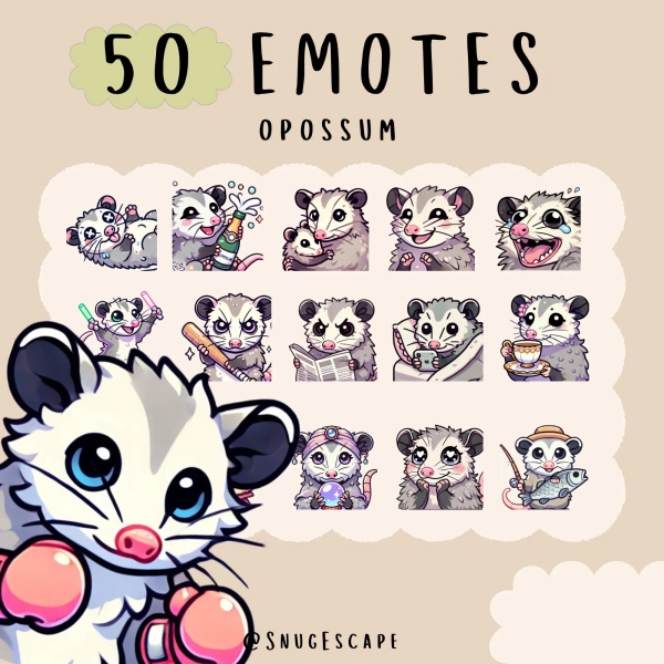 Cute Kawaii opossum emote  bundle twitch, youtube, discord emotes, cute opossum emotes,  trendy emotes, anime cartoon style,cutesie animals