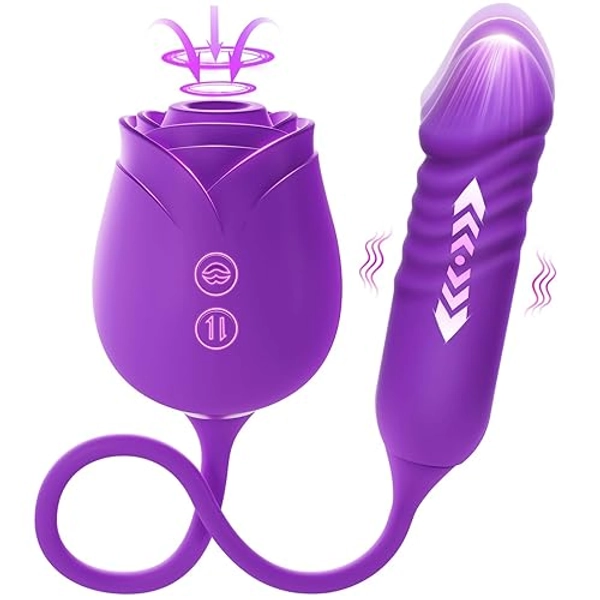MOOLIGIRL Rose Vibrator Sex Toy for Women, Dual-end Adult Toys with Clitoral Sucking Vibrator & G-spot Thrusting Dildo, 10 Modes Clit Nipple Sucker Vibrater, Suction Vibrators Female Couples Sex Toys