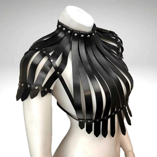Black Leather Shoulder Harness Top | Tasseled Gothic Body Armor | Women Warrior Top Costume | Adjustable Straps  | Black Armor Top