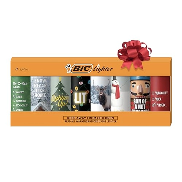 BIC Pocket Lighter, Special Edition Holiday Collection, Assorted Unique Lighter Designs, 8 Count Pack of Lighters, Perfect Stocking Stuffer