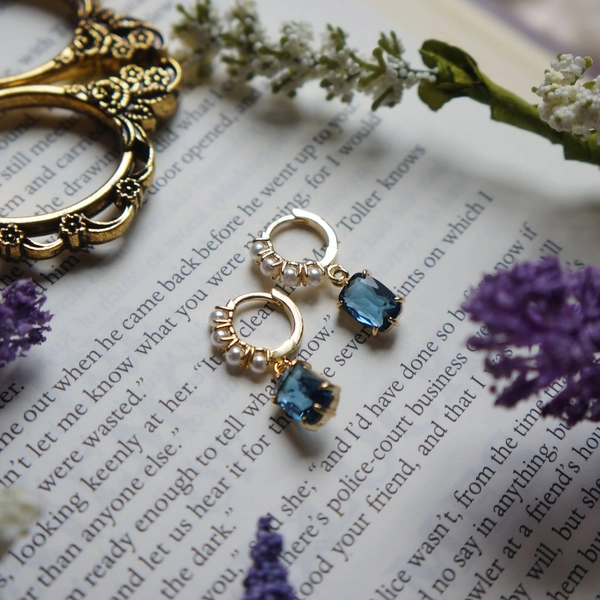 Pearl Hoop Earrings Delicate Earrings Elegant Earrings Blue Crystal Earrings Pearl Huggie Earrings Dangly Earrings Greek Mythology Inspired