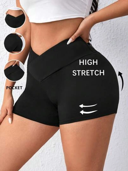 SHEIN Essnce Plus Overlap Waist Solid Biker Shorts