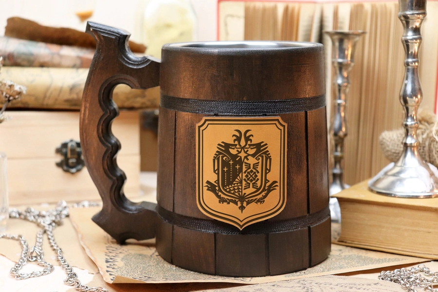 Monster Hunter Wooden Beer Mug | MHW | Gamer Gifts For Him | Monster Hunter Stein Decal Monsterhunter MHW Boyfriend Gift