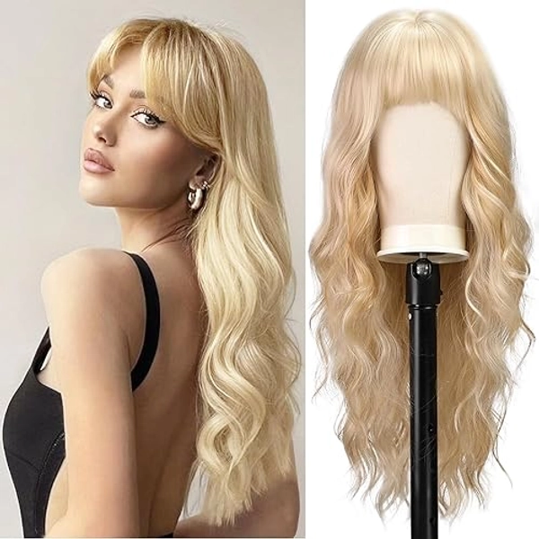 BARSDAR Long Blonde Wig With Bangs - 26 Inch Long Wavy Wig with Bangs for Women - Synthetic Blonde Hair Wigs Natural Looking Daily Cosplay Party Halloween Wig - Blonde