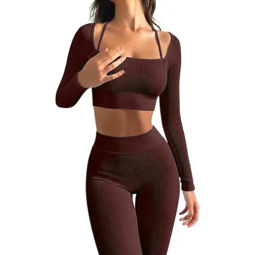 Workout Sets for Women Long Sleeev 2 Piece Yoga Outfits Seamless Ribbed Sweetheart Neck Crop Top High Wasit Legging Sets - # Brown Medium