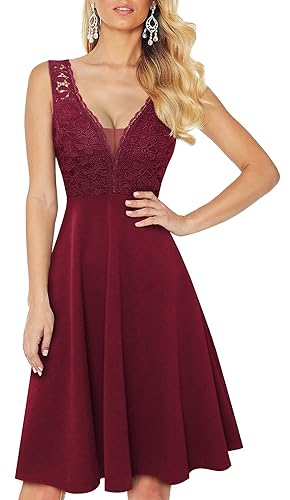HOMEYEE Damen Vintage V-Ausschnitt Ärmel Blumen Spitze Rockabilly Swing Cocktailkleid A288 - M - Burgundy