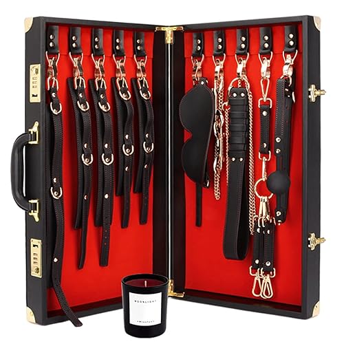 ZWBHSH Luxus Koffer SM Bondage Set Mit 9 Stück Mit Codeschloss Für High-End-Spieler BDSM Set Hochwertiges Rindsledermaterial Fetisch Bettfesseln Fesselset Sexspielzeug Für Paare Extrem Sex,Leder - Leder