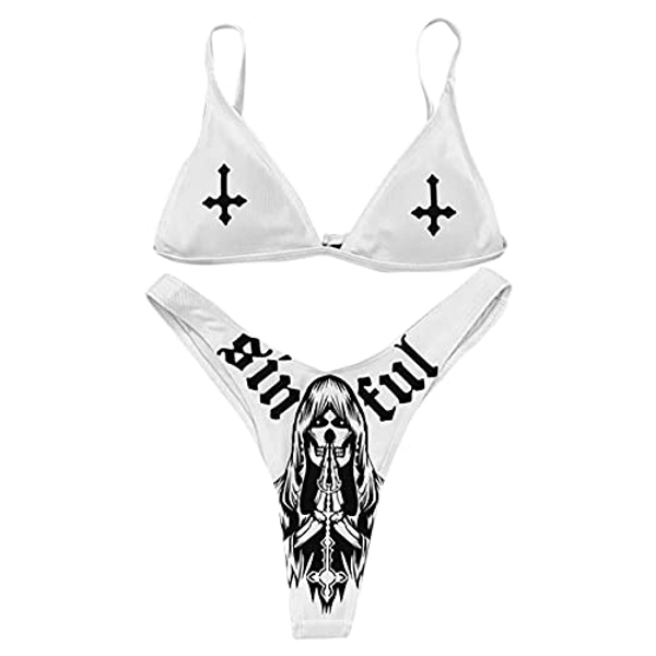 AIBEARTY Women's Skull Letter Printed Two Piece Swimsuit High Cut Triangle Bikini Set for Party Festival Halloween