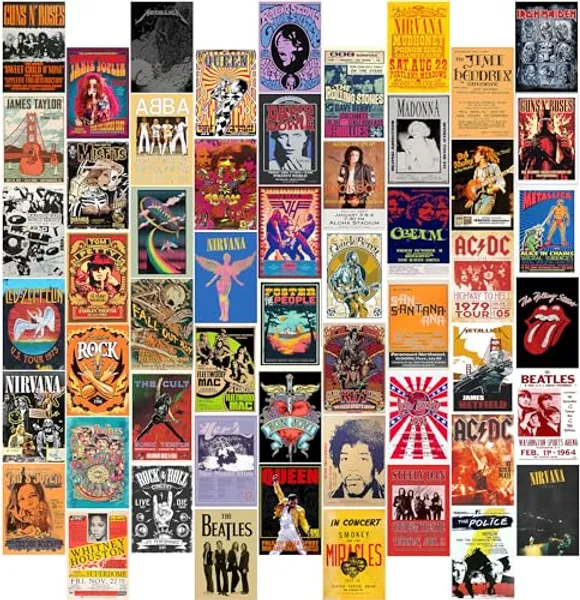 EDUS 54PCS Vintage Rock Wall Collage Kit, Nirvana/Band Posters for Room Aesthetic 90s, Retro Music Concert Album, 70s Decor, 4 x 6 Inch - Rock Band