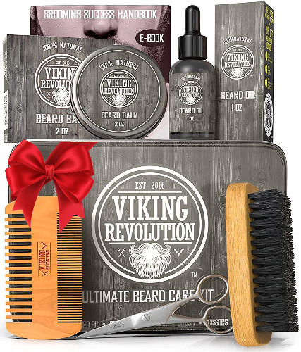 Viking Revolution Beard Care Kit for Men - Ultimate Beard Grooming Kit includes 100% Boar Men’s Beard Brush, Wooden Beard Comb, Beard Balm, Beard Oil, Beard & Mustache Scissors in a Metal Box