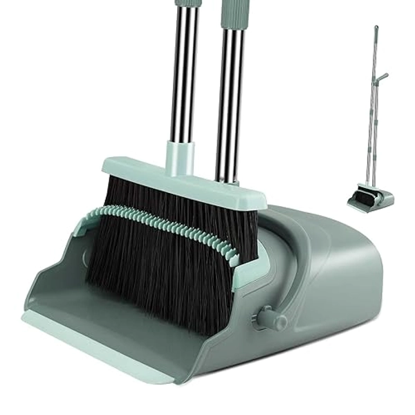 Kelamayi Heavy-Duty Broom Outdoor/Indoor Broom for Floor Cleaning with Long Handle,Large Angle Household Brooms for Home Kitchen Room Pet Hair Office Lobby（Jade）