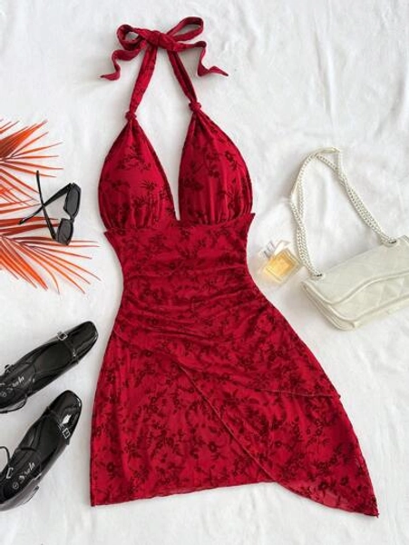 Soleia Sweet Halter V-Neck Tie Sheer Ruffle Romantic Holiday Pink Ladies Mini Dress