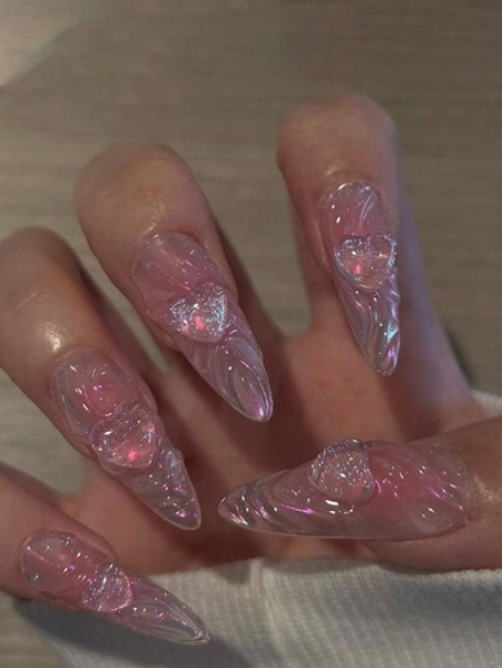 24pcs Aurora Pink Heart-Shaped Almond Medium Long False Nails For Nail Art Decoration Press On Nails Nail Supplies