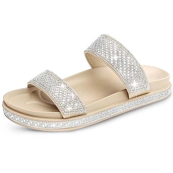 Viapipa Women's Platform Sandals Womens Rhinestone Glitter Slides Two-Strap Arch Support Beach Slide Sandals Sparkle Summer Sandals for Women Dressy