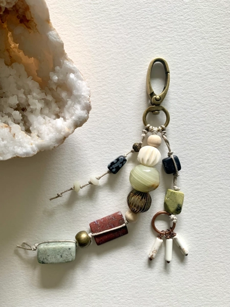 Bag Tassel Charm, beaded alabaster, red jasper, snowflake obsidian, stone and wood, hand knotted, hand made, Artisan bag charm