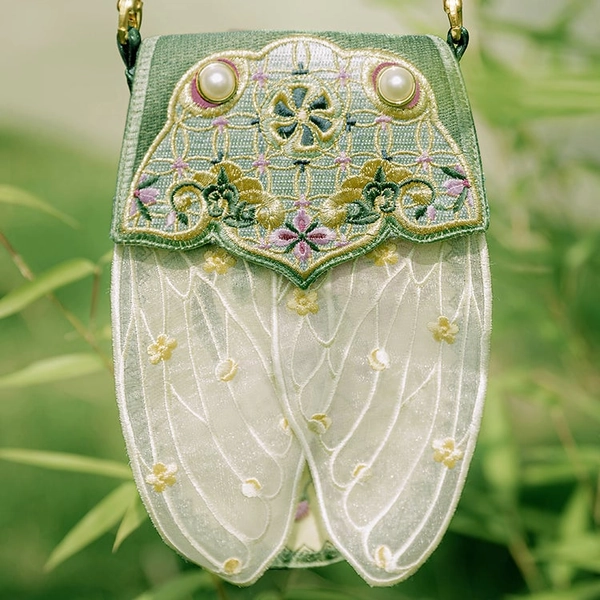 Cicada and wisteria flower embroidery shoulder bag