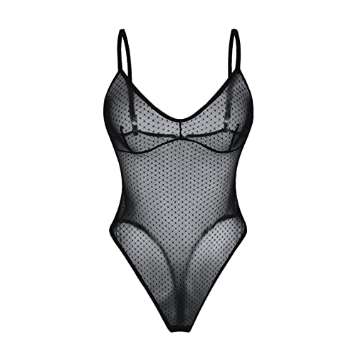ILEVIHAM Women One Piece Sexy Lingerie Stretch Mesh Bodysuit Sheer Thong Teddy Leotard Rave Outfit Jumpsuit Tops - Black - Large