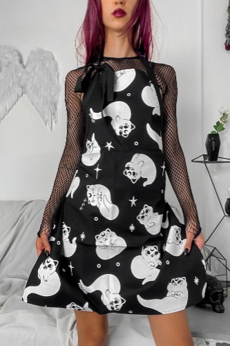 Ghost Kitty Kitchen Apron | One Size / Black / 96.7% Cotton 3.3% Elastane