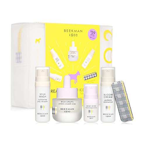 Beekman 1802 Goat Milk Skincare 6-Piece Starter Set - Includes Jelly Cleanser (0.5 fl oz), Milk Drops (0.5 fl oz), Dewy Eyed Serum (0.16 fl oz), Bloom Cream (0.5 fl oz), Travel Bag & Hair Clip