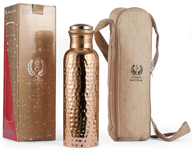 Copper Water Bottle with Jute Bag - 34 Oz Extra Large, Pure Copper Vessel for Drinking - Drink More Water - Copper Bottle for Health Benefits, Home, Office, Sports and Gifting