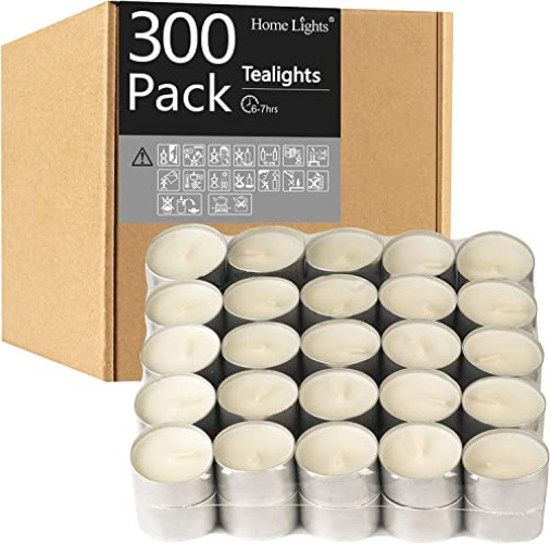 HomeLights Unscented White Tealight Candles -300 Packs, 6 to 7 Hour Burn Time Smokeless Tea Light Candles, Mini Votive Paraffin Candles with Cotton Wicks for Shabbat, Weddings, Christmas - 300 pack