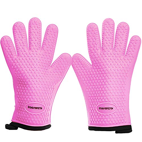 KITCHEN PERFECTION Silicone Smoker Oven Gloves -Extreme Heat Resistant BBQ Gloves-Handle Hot Food Right on Your Grill Fryer & Pit|Waterproof Grilling Cooking Baking Mitts|Superior Value Set+3 Bonuses - Pink - One Size Fits Most