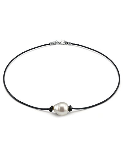 The Pearl Source Sterling Silver 11-12mm Baroque Genuine White South Sea Cultured Pearl Leather Necklace in 18" Princess Length for Women
