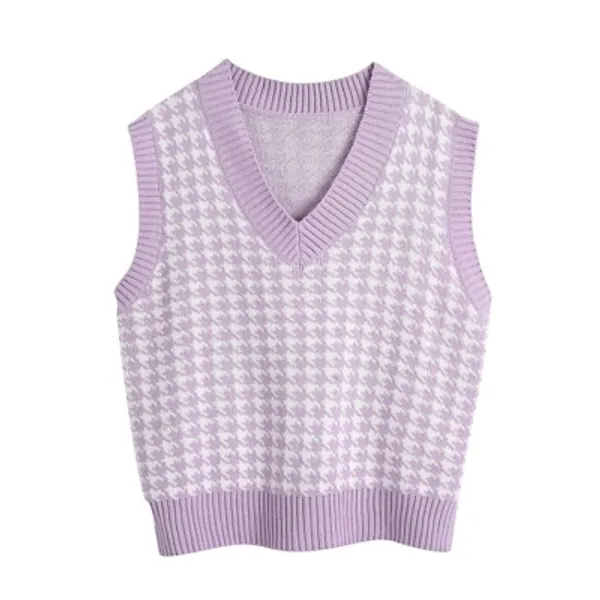Sdencin Women Houndstooth Pattern Knit Sweater Vest Sleeveless Loose V-Neck 90s Waistcoat Pullover Knitwear Top