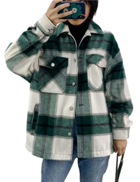 Tanming Womens Brushed Flannel Plaid Lapel Button Short Pocketed Shacket Shirts Coats