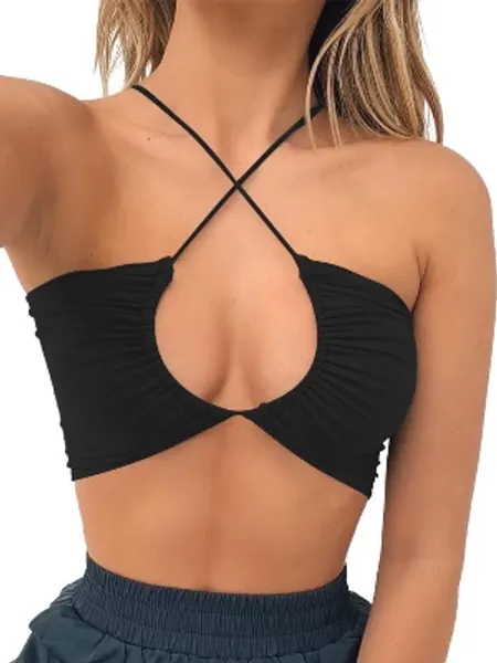 TOB Women's Sexy Criss Cross Lace Up Sling Basic Bow Tie Crop Top