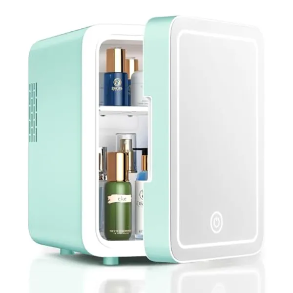 CUTIEWORLD Skincare Fridge With Dimmable LED Light Mirror, 4L Mini Fridge For Desktop, Travel or Cool & Heat, Makeup Fridge for Cosmetics, Skin Care and Food, Green