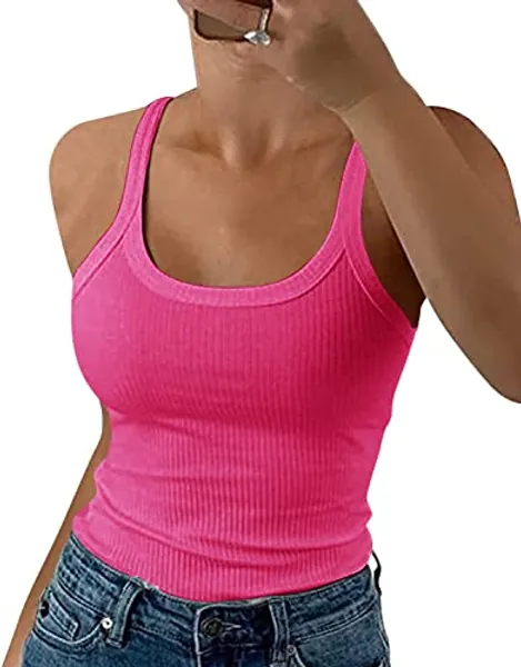 GEMBERA Women Spaghetti Strap Scoop Neck Ribbed Tank Tops Slim Fitted Cotton Camisole Basic Sleeveless Layering Shirts