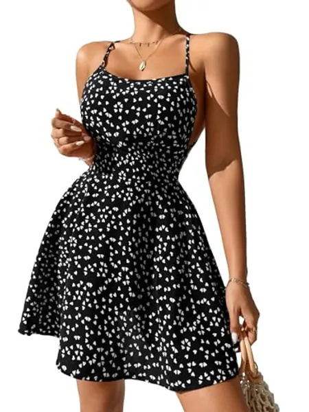 Milumia Women's Floral Print Tie Shoulder Sleeveless Dress Slit Hem Summer A Line Mini Dress Black XXS