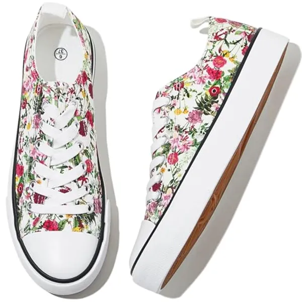 Adokoo Canvas Tennis Shoes for Women Low Top Casual White Black Sneakers for Women Lace Up Fashion Comfortable Walking Shoes