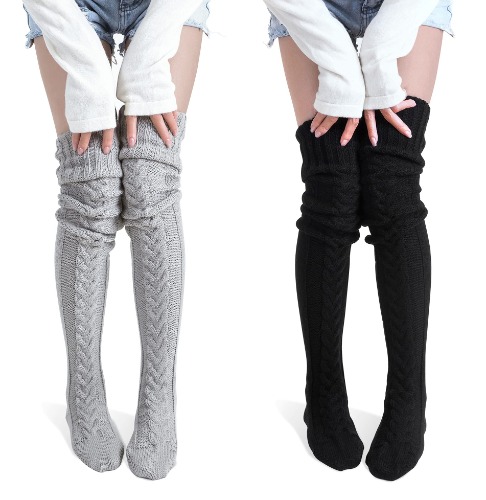 Women's Thigh High Socks Over the Knee Cable Knit Boot Socks, Long Warm Fashion Leg Warmers Winter - 2pcs-gray&black