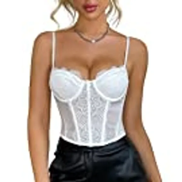 Modegal Women's Lace Mesh Bustier Fish Boned Push Up Sheer Spaghetti Straps Going Out Corset Crop Top with Underwire