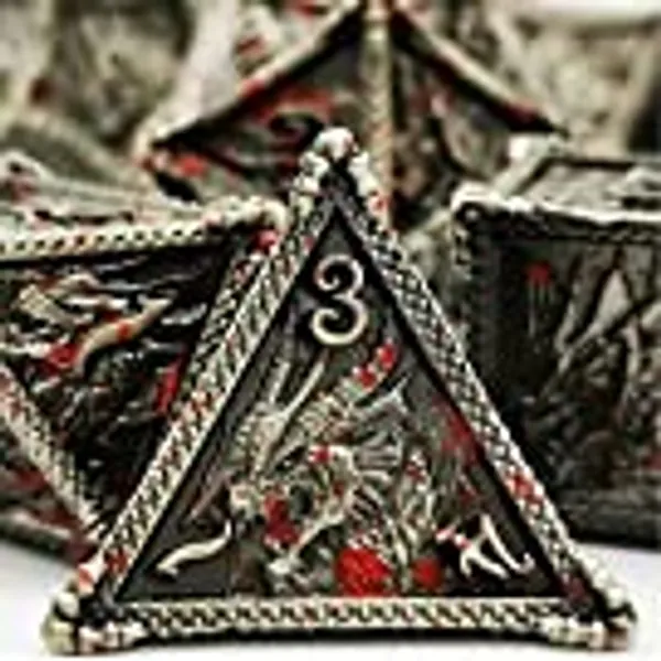 HAOMEJA Metal Dragon Dice Set DND 7 Set Dice Role Playing Dice D&D Dungeons and Dragons (Blood Silver)