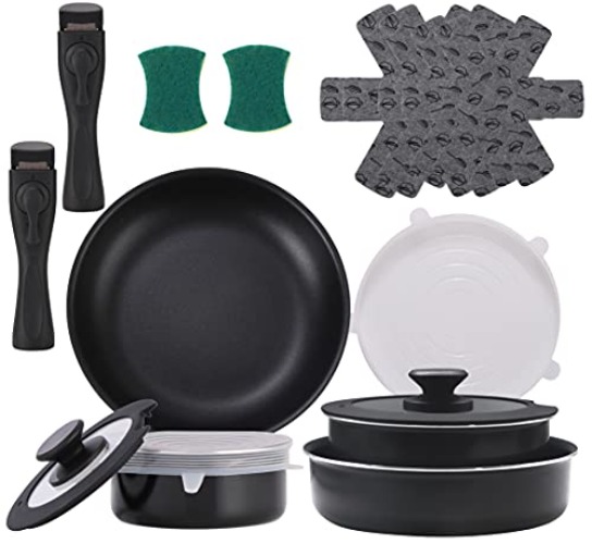 Xeeyaya 16 Pieces Kitchen Removable Handle Cookware Sets, Stackable Pots and Pans Set Nonstick for Induction Gas RVs Camping Space Saving - 16 pcs