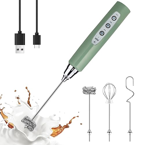 YUSWKO Granite Green Handheld Milk Frother Wand for Coffee, Rechargeable Electric Whisk with 3 Heads 3 Speeds Drink Mixer Coffee Frother For Latte, Cappuccino, Hot Chocolate, Egg - Granite - Without Stand