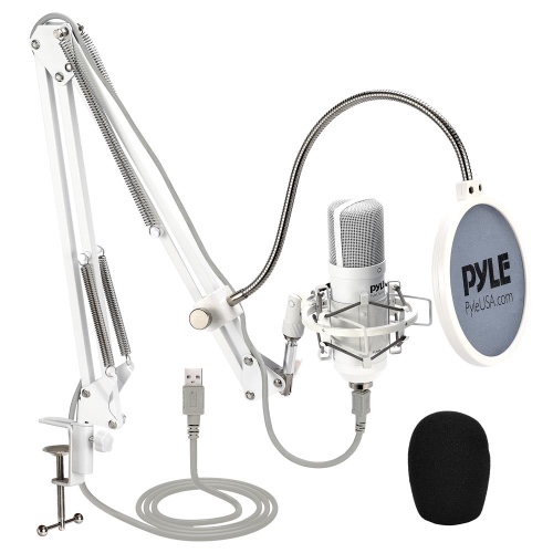 Professional Usb Podcast Microphone Kit - High-Res. Mic With Usb Cable, Pop Filter, Mic Stand, Shock Mount, White