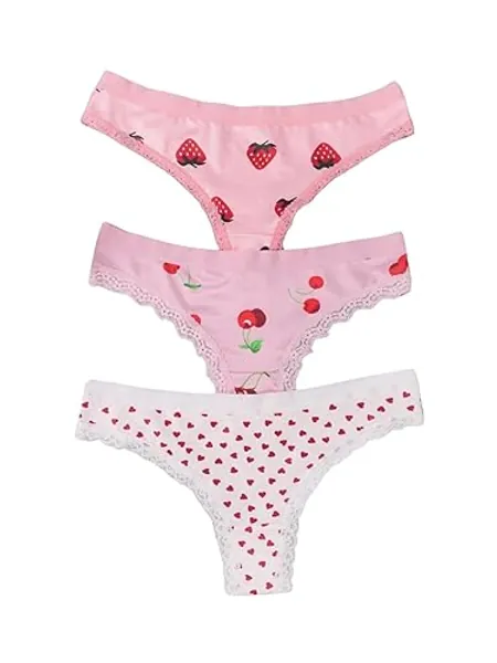 WDIRARA Women's 3 Pack Cute Graphic Panties Set Lace Trim Low Rise Comfy Thong Underwear - Medium - Pink
