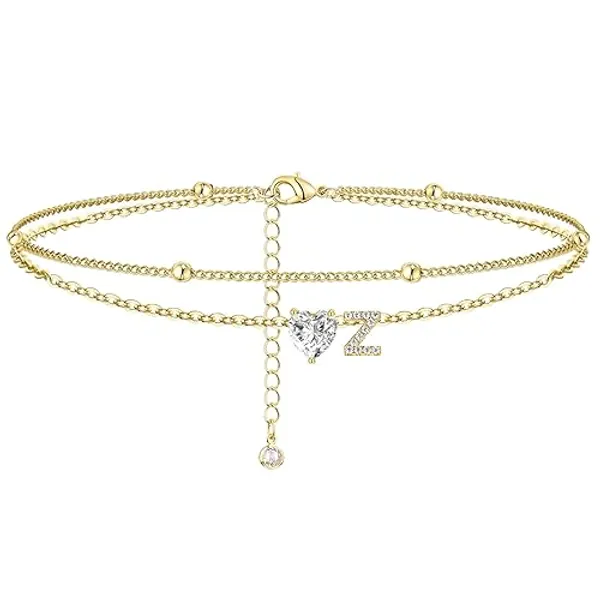 MYYOII Ankle Bracelets for Women Waterproof 14K Gold Plated CZ Initial Anklet for Women Dainty Layered Letter Heart Ankle Bracelets Handmade Adjustable Foot Chain Anklet Summer Beach Jewelry - gold Z