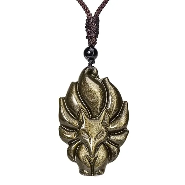 Top Plaza Womens Reiki Healing Crystal Ice Obsidian Gemstone Necklaces Adjustable Lucky Fox Amulet Protection Pendant Necklace Fox Jewelry