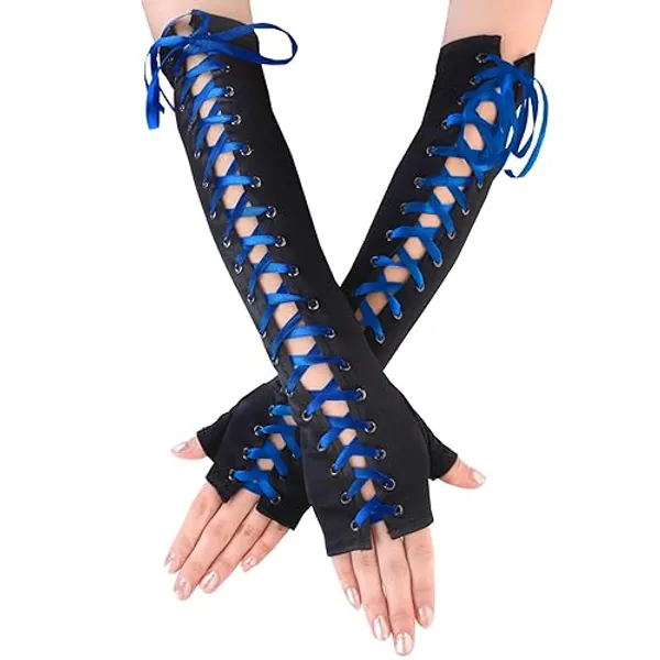 JISEN Womens Fingerless Gloves Elbow Lace Up steampunk Costume Arm Warmer
