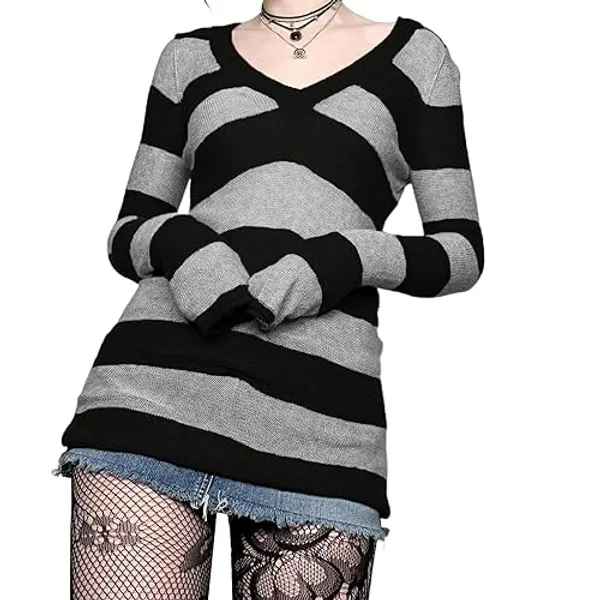 WomenY2k Goth Knit Sweater Dress Retro Striped V Neck Long Sleeve Slim Fit Tops E-Girl Spring Mini Dress Clubwear - Black Grey Dress - Small