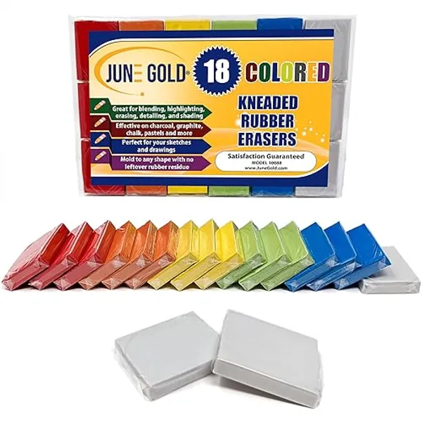 June Gold Kneaded Rubber Erasers, Colored, 18 Pack - Blend, Shade, Smooth, Correct, and Brighten Your Sketches and Drawings