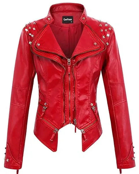 chouyatou Women's Fashion Studded Perfectly Shaping Faux Leather Biker Jacket