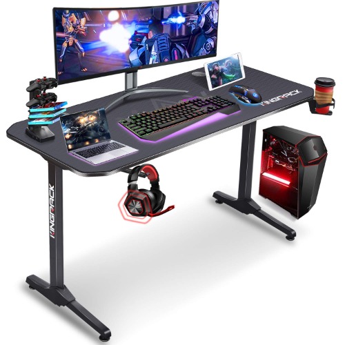 KINGRACK 140 CM T-Shaped Gaming Desk,Gaming PC Desk, Large Gamer Tables, Writing Table,Computer Workstation With Free gaming handle rack, Full Mouse Pad, Cup Holder, Headphone Hook, Black WK920008