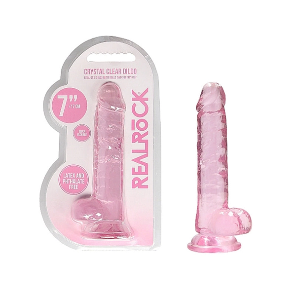 RealRock Crystal Clear Realistic 7 in. Dildo with Balls and Suction Cup Pink